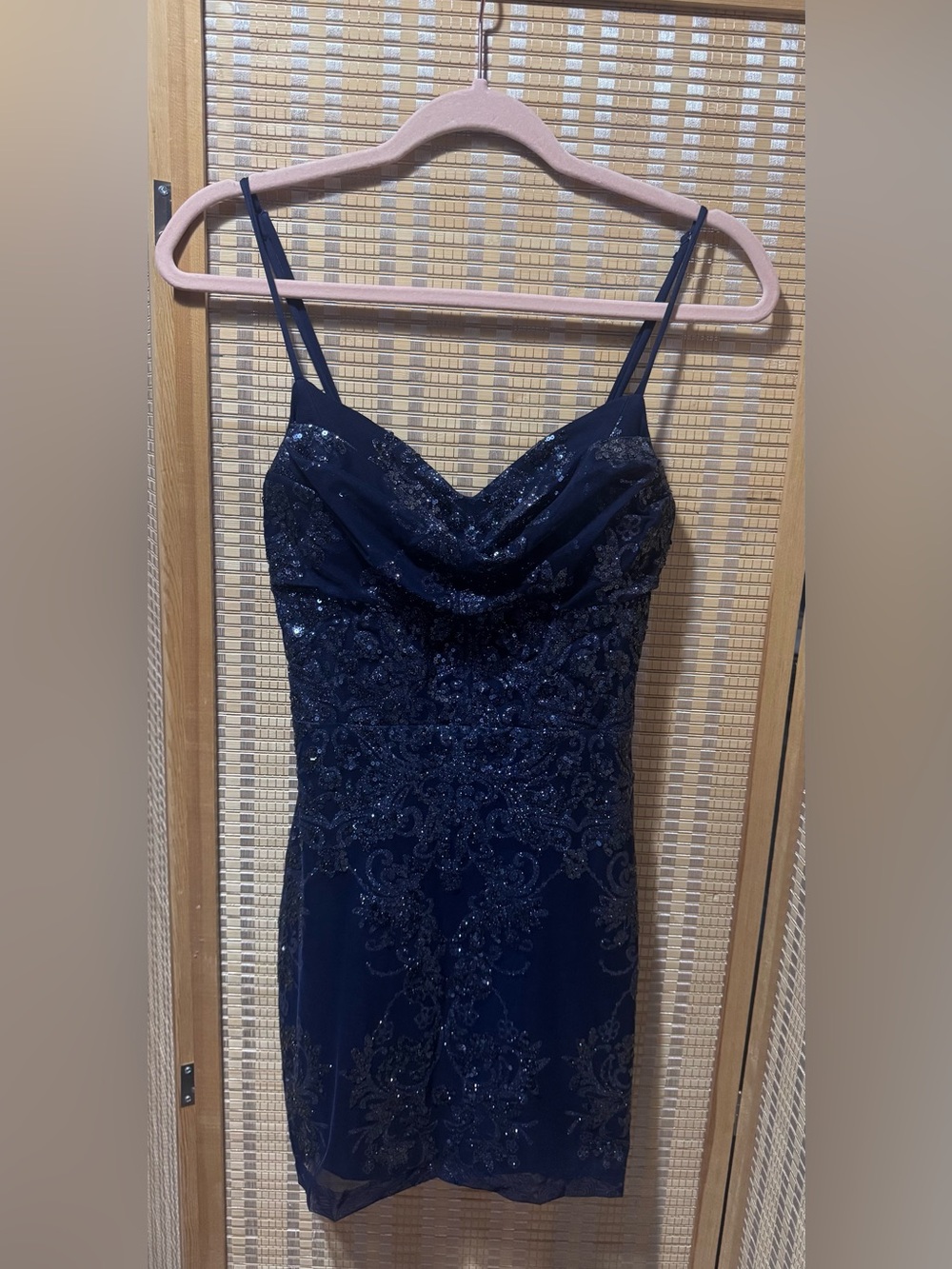 Windsor Navy Sequin Cowl Neck Mini Dress homecoming